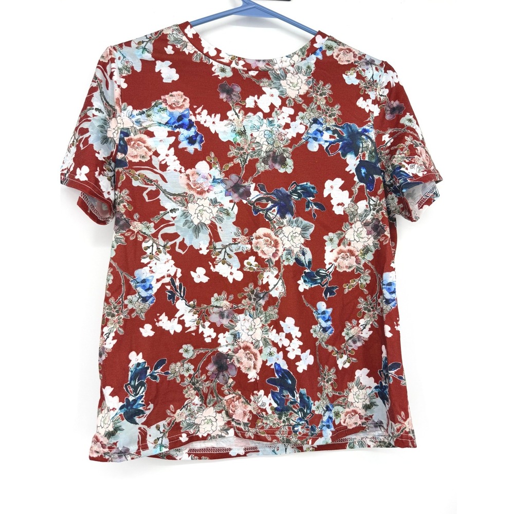 SHEIN Womens Floral Print Short Sleeve Crew Neck Red Blue Small